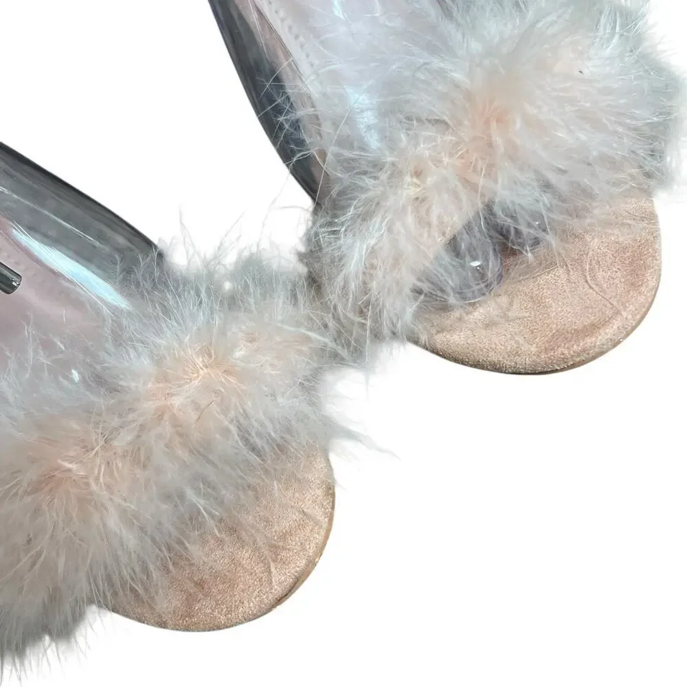Simmi London Tan Beige Suede Stiletto Heel Feathered Sandals Size 8